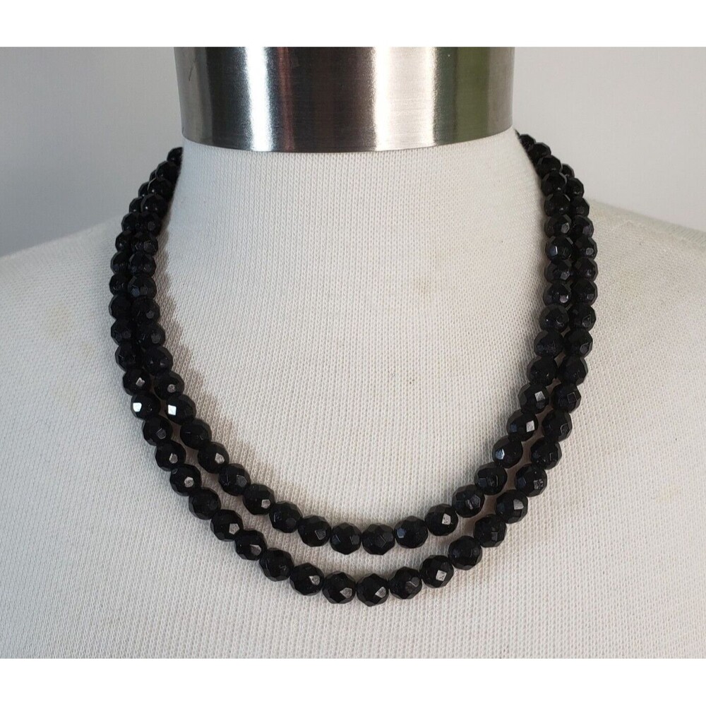 Vintage 40s 50s Double Strand Black Glass Faceted Bead Necklace 19" MCM On Chain